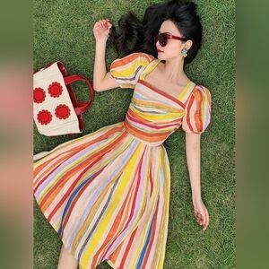 Mr. Water Rainbow Rockabilly Striped Lantern Sleeve Retro Dress Size Medium